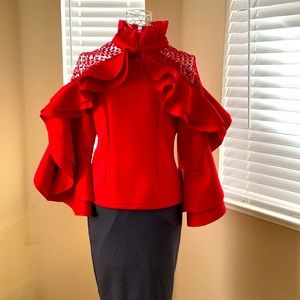 Red Scuba blouse with ruffled sleeves